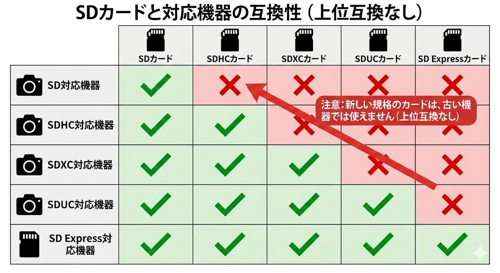 SDカードと対応機器の互換性（上位互換なし）。新しい規格のカードは古い機器で使えない場合がある。