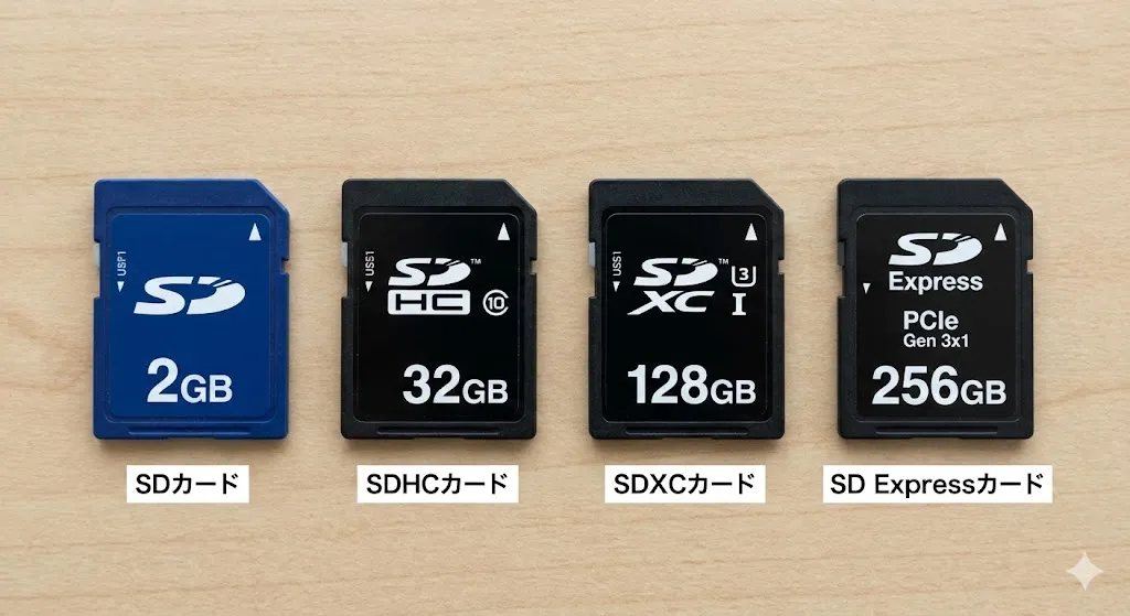 Actual SD cards, SDHC cards, SDXC cards, and SD Express cards (to understand the differences in notation)