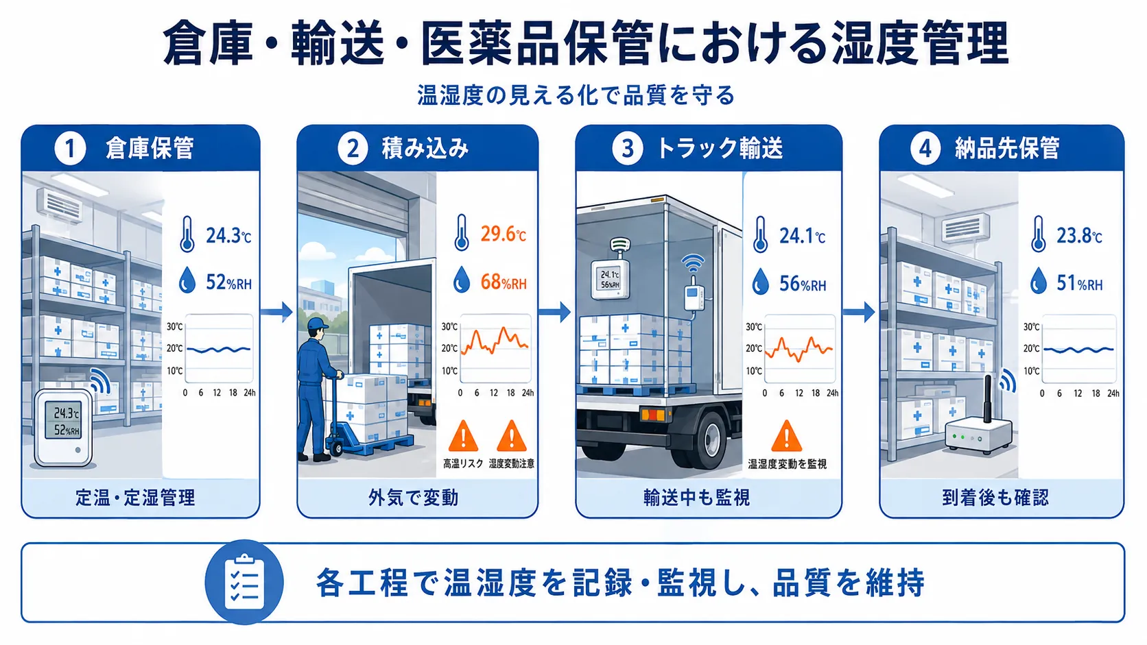 Humidity control diagram for warehouses, transportation, and pharmaceutical storage.