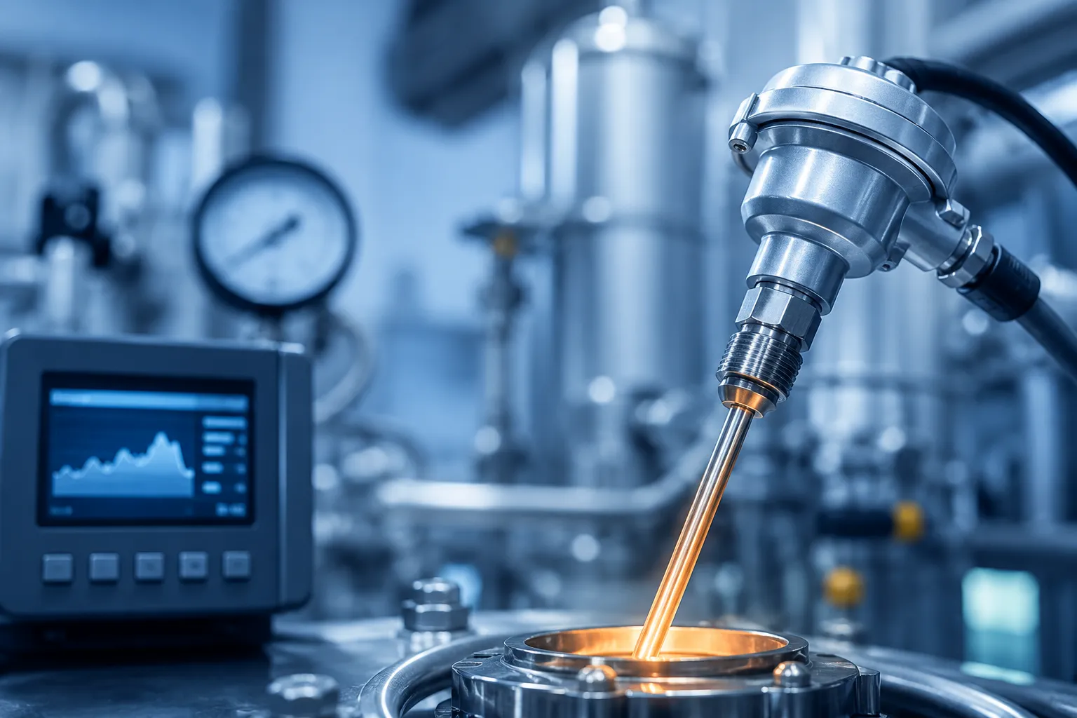 An image of temperature being measured using a temperature sensor in industrial equipment.