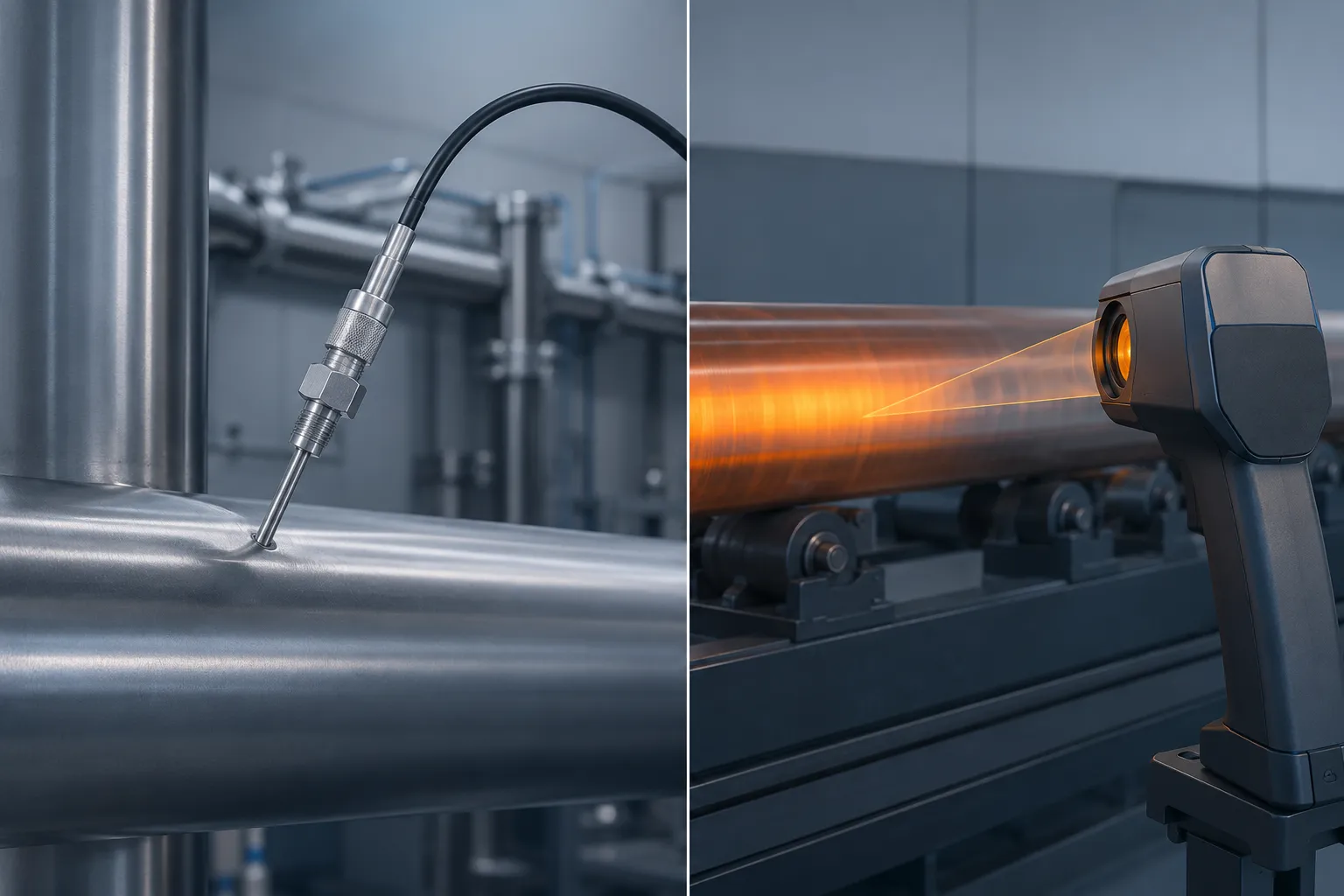 An image illustrating the difference between contact temperature measurement and non-contact temperature measurement.