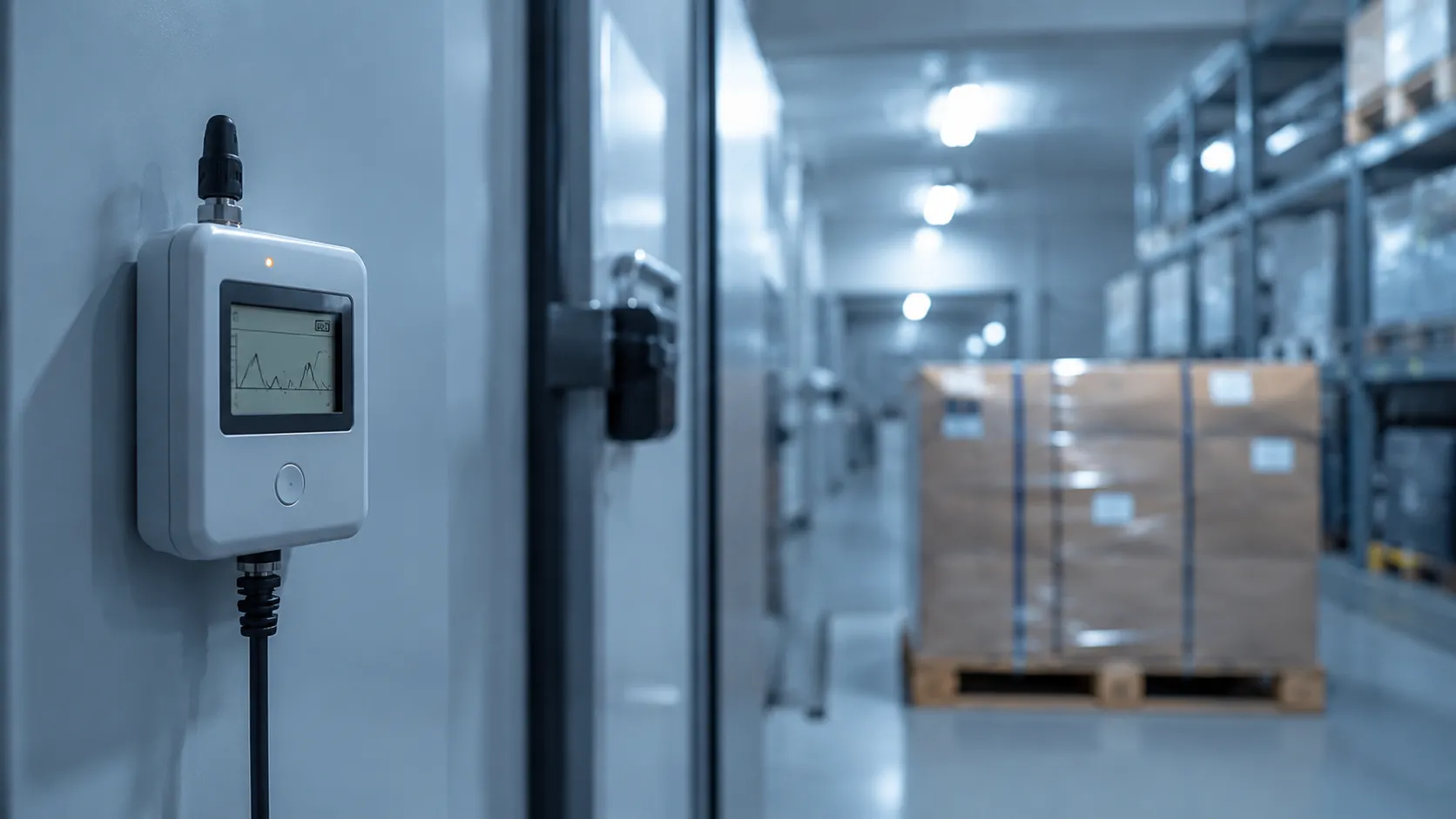 This image shows temperature history being monitored using temperature loggers in a warehouse or storage environment.