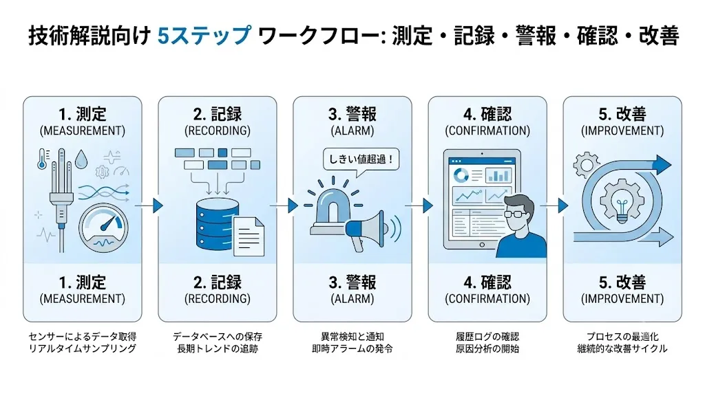 This diagram illustrates the use of temperature monitoring data in the flow of measurement, recording, alarm, verification, and improvement.