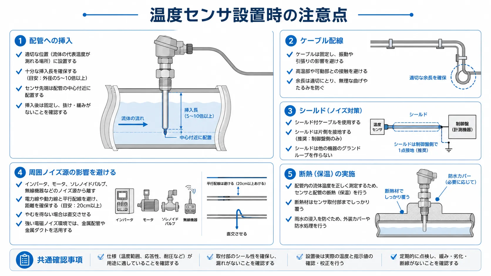 Diagram showing mounting location, wiring, and noise countermeasures for a contact-type temperature sensor.